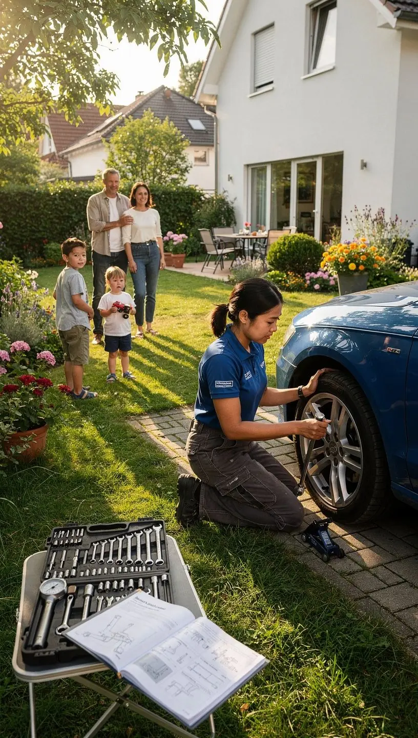 Techniker führt Wartung an einem Fahrzeug vor einer Werkstatt mit modernem Werkzeug durch.